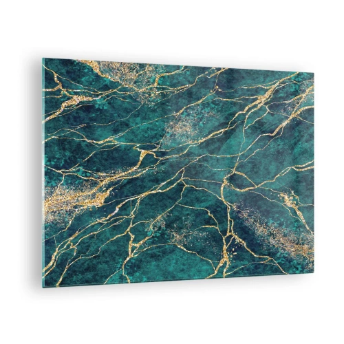Impression sur verre - Image sur verre - Pierre marbrée aux veines dorées, nuances bleu sarcelle et vert - 70x50cm - Mine d'or - Décoration murale moderne pour le salon et la chambre ARTTOR