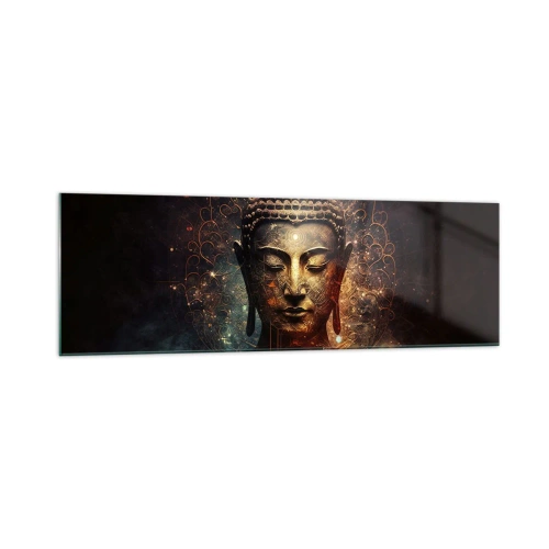 Impression sur verre - Image sur verre - Bouddha doré sur fond sombre avec ornements - 160x50cm - Équilibre spirituel - Décoration murale moderne pour le salon et la chambre ARTTOR