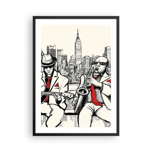 Affiche dans un cadre noir - Poster - Deux musiciens de jazz avec en toile de fond la silhouette de la ville - 50x70cm - improvisation new-yorkaise - Décoration murale moderne pour le salon et la chambre ARTTOR