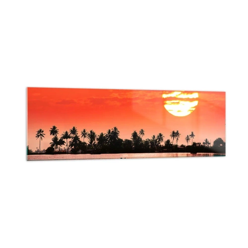 Impression sur verre - Image sur verre - Coucher de soleil tropical avec un bateau et des palmiers en arrière-plan - 160x50cm - La tranquillité des tropiques au coucher du soleil - Décoration murale moderne pour le salon et la chambre ARTTOR