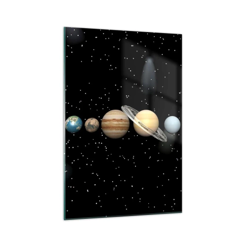 Impression sur verre - Image sur verre - Le système solaire avec des planètes sur fond d'étoiles dans l'espace - 70x100cm - Et les planètes sont folles, sont folles... - Décoration murale moderne pour le salon et la chambre ARTTOR
