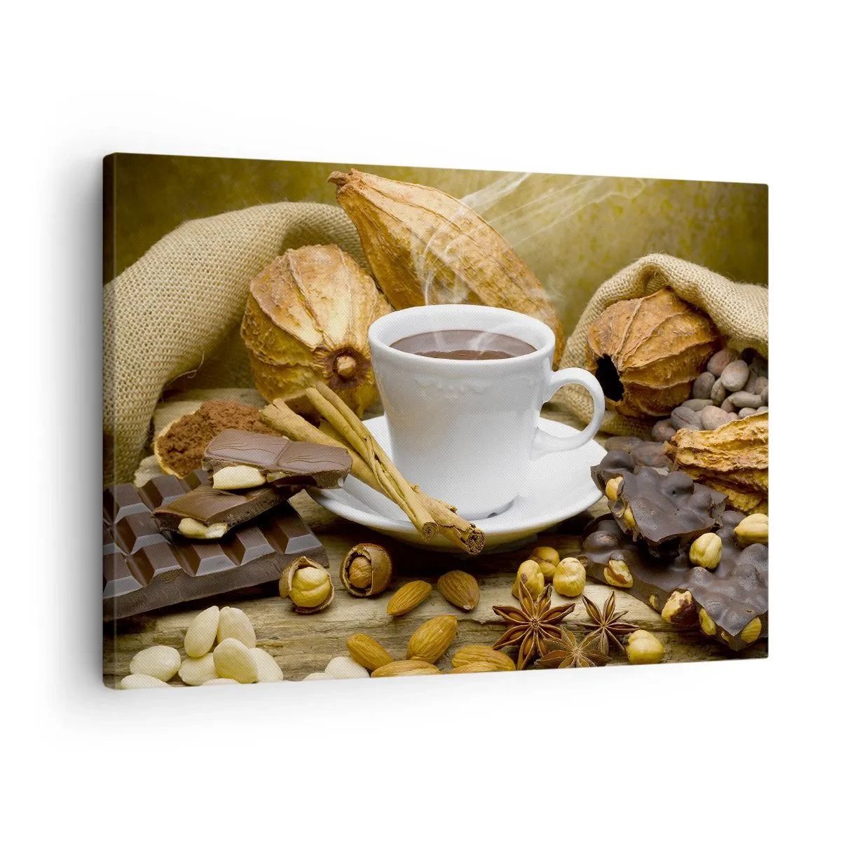 Impression sur toile - Image sur toile - Une tasse de chocolat chaud entourée de cacao et de cannelle - 70x50cm - Pour les amateurs de sensations fortes - Décoration murale moderne pour le salon et la chambre ARTTOR