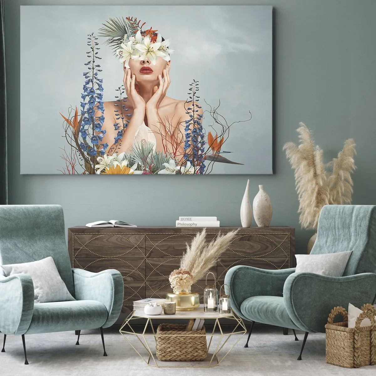 Impression sur toile - Image sur toile - Portrait d'une femme avec un motif floral sur fond bleu - 120x80cm - Femme - fleur - Décoration murale moderne pour le salon et la chambre ARTTOR