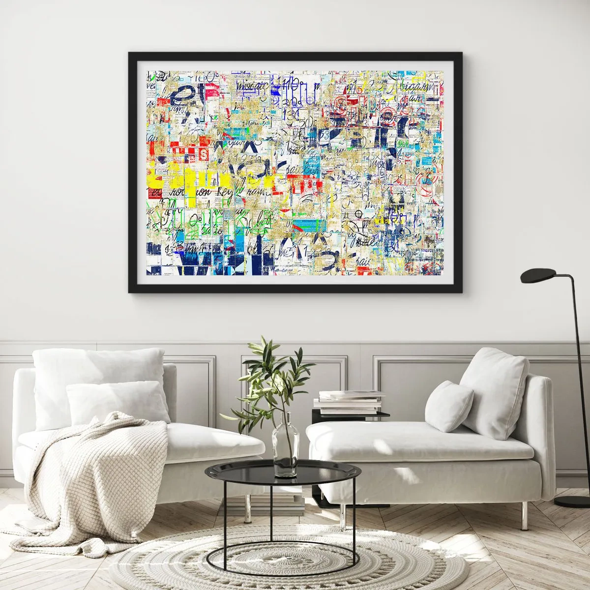 Affiche dans un cadre noir - Poster - Graffiti abstrait avec inscriptions et motifs colorés - 100x70cm - Ca fait juste plaisir aux yeux - Décoration murale moderne pour le salon et la chambre ARTTOR