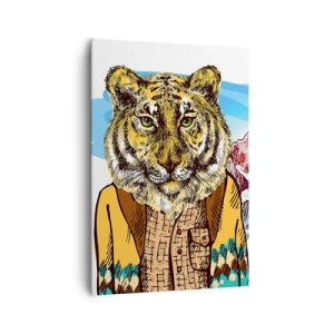 Impression sur toile - Image sur toile - Un tigre dans un manteau sur un paysage de montagne - 70x100cm - Pas aussi sauvage qu'ils le décrivent - Décoration murale moderne pour le salon et la chambre ARTTOR
