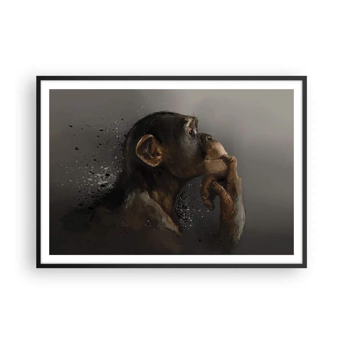 Affiche dans un cadre noir - Poster - Portrait d'un singe dans une pose réfléchissante sur fond gris - 100x70cm - Certainement un penseur - Décoration murale moderne pour le salon et la chambre ARTTOR