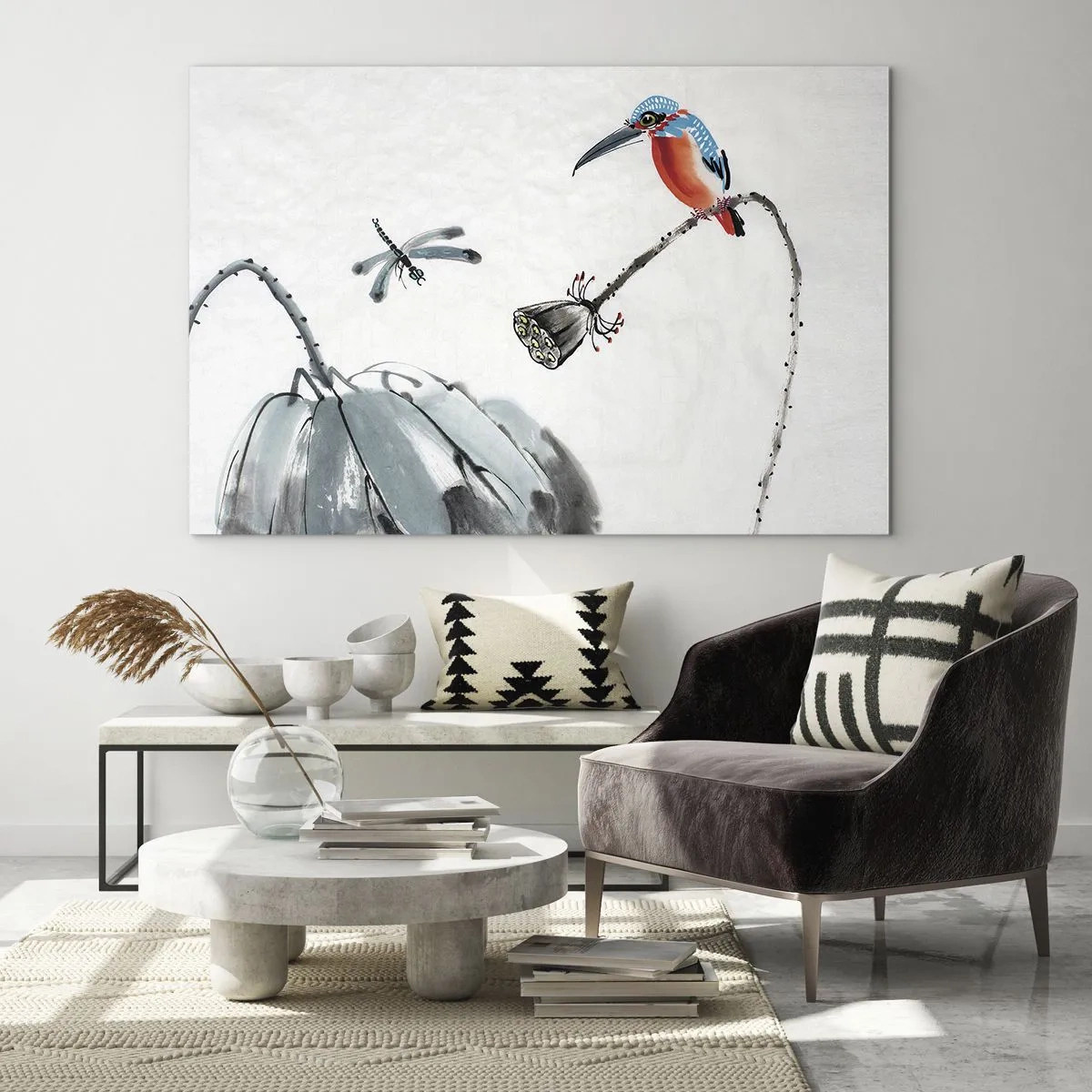 Impression sur verre - Image sur verre - Illustration d'un oiseau coloré et d'une libellule sur fond de végétation - 70x50cm - La vie du champ - Décoration murale moderne pour le salon et la chambre ARTTOR