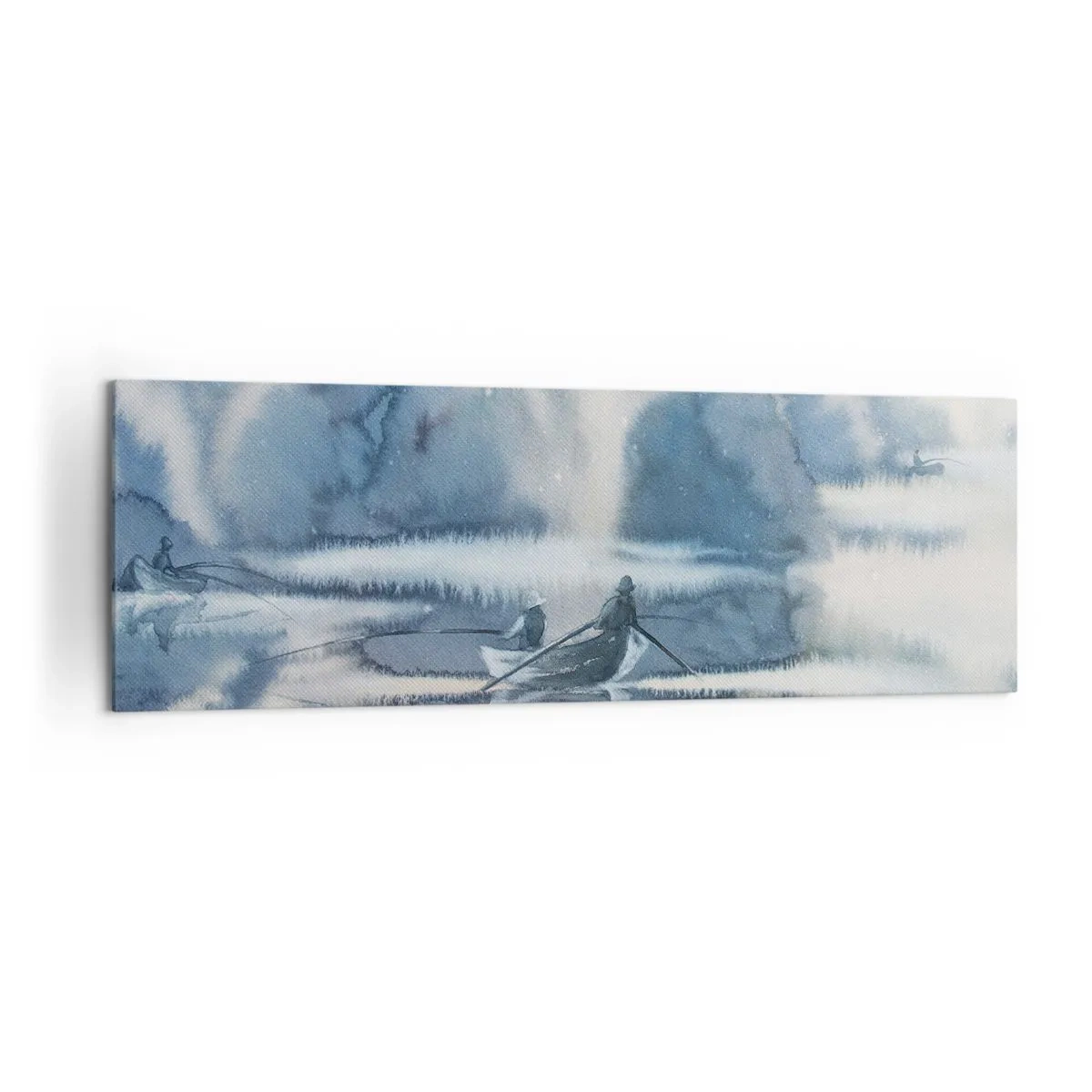 Impression sur toile - Image sur toile - Paysage à l'aquarelle avec des bateaux sur un lac entouré d'une forêt brumeuse - 160x50cm - Les pêcheurs dans leur paradis - Décoration murale moderne pour le salon et la chambre ARTTOR