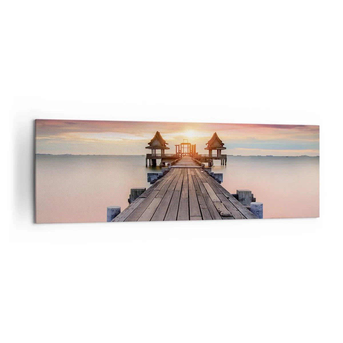 Impression sur toile - Image sur toile - Jetée en bois menant aux belvédères au coucher du soleil - 160x50cm - L'Ouest à l'Est - Décoration murale moderne pour le salon et la chambre ARTTOR