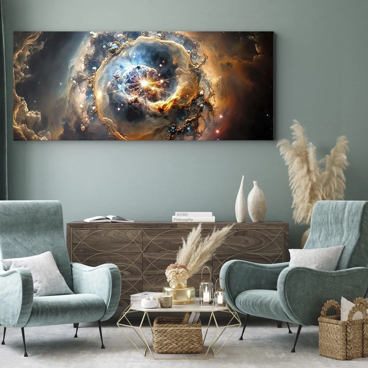 Impression sur toile - Image sur toile - Une vision abstraite d'une explosion cosmique dans des tons d'or et de bleu. - 120x50cm - Le début - Décoration murale moderne pour le salon et la chambre ARTTOR