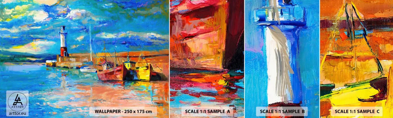 Échantillon de Papier Peint Autocollant Deluxe Sticker - Un après-midi dans la baie arc-en-ciel - Port des Pêcheurs, Bateau de pêche, Phare - 100x30 cm