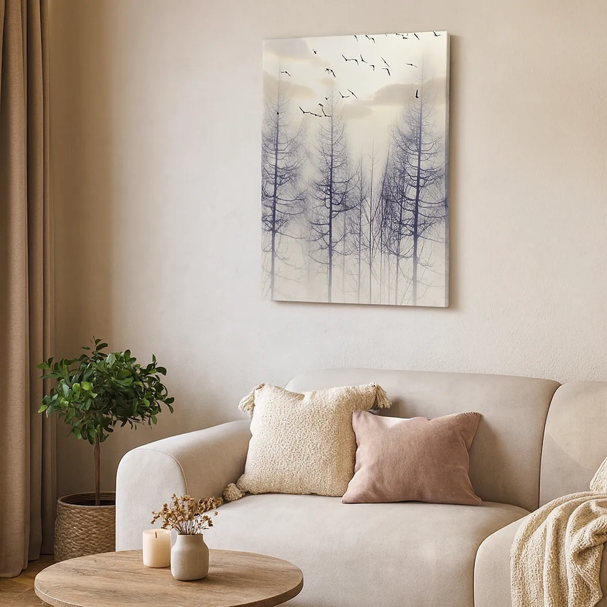Impression sur toile - Image sur toile - Forêt brumeuse avec des oiseaux contre le ciel du coucher du soleil - 50x70cm - L'âme de la forêt - Décoration murale moderne pour le salon et la chambre ARTTOR
