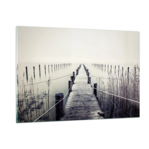Impression sur verre - Image sur verre - Un pont en bois mène aux profondeurs d'un lac calme dans le brouillard. - 120x80cm - Plongez dans la paix - Décoration murale moderne pour le salon et la chambre ARTTOR