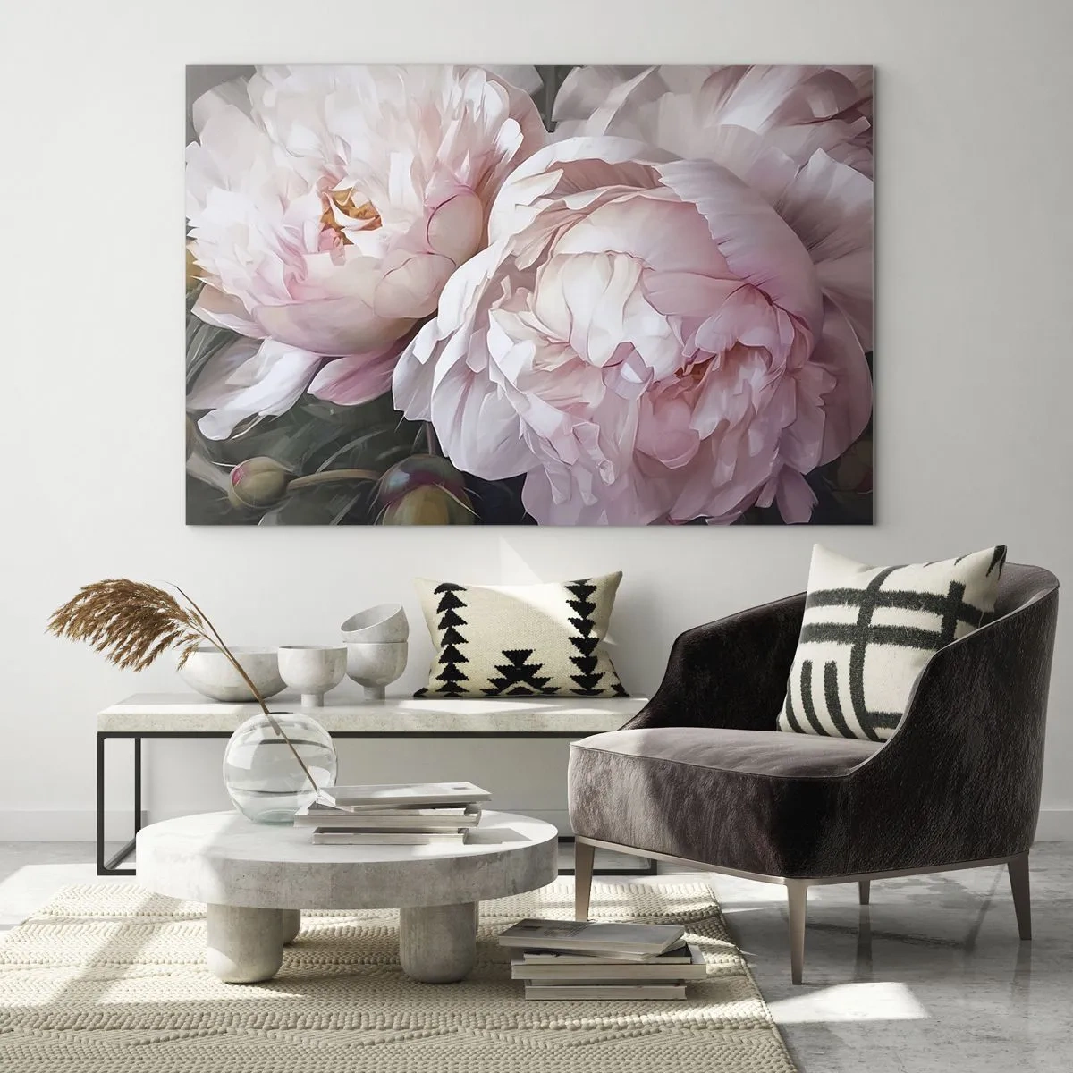 Impression sur verre - Image sur verre - Pivoines délicates dans une teinte rose clair en gros plan - 120x80cm - Arrêté en pleine floraison - Décoration murale moderne pour le salon et la chambre ARTTOR