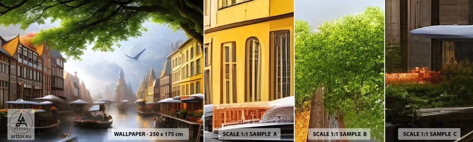 Échantillon De Papier Peint Standard Eco - Paysage urbain néerlandais - Vieille ville, Bateaux, Canal - 100x30 cm