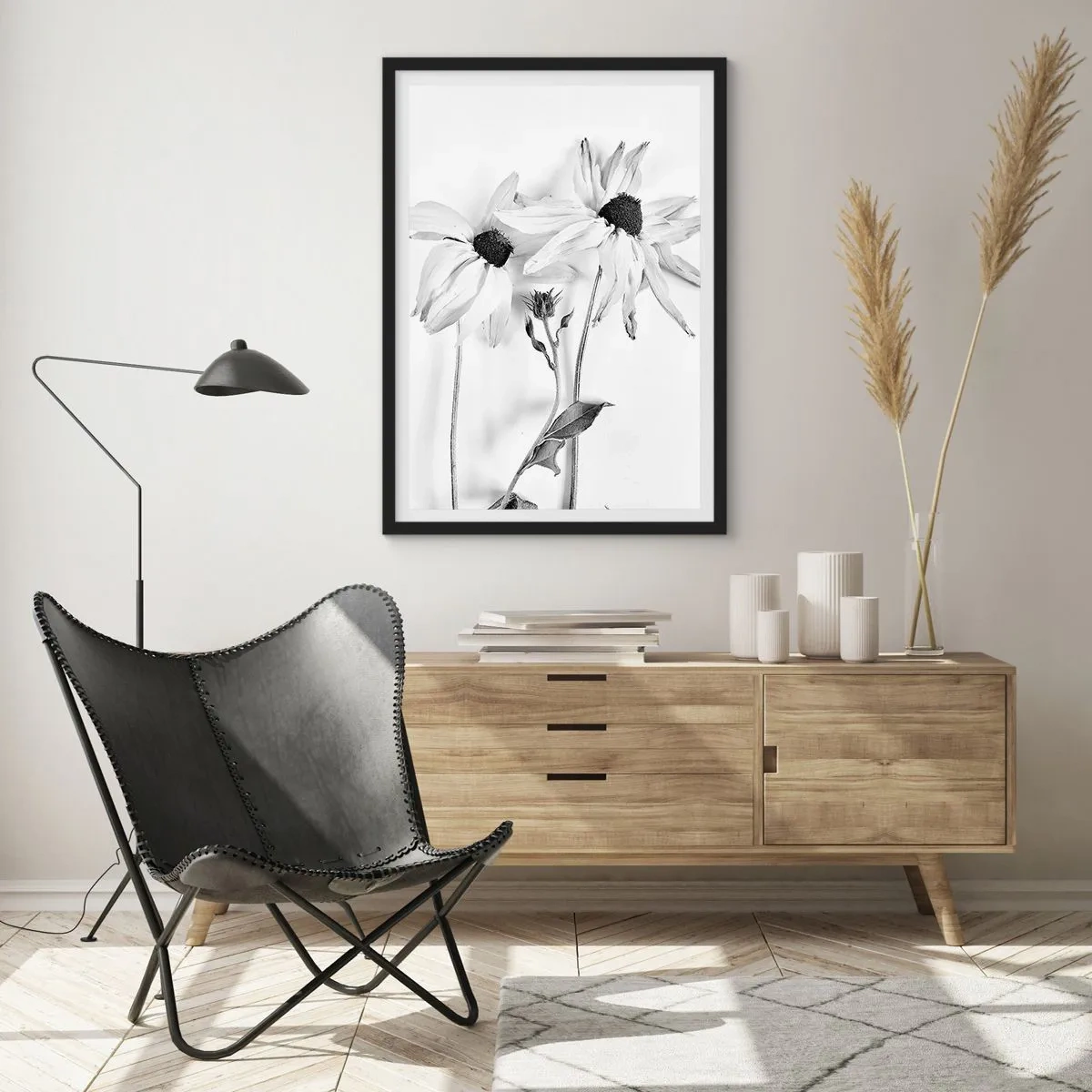 Affiche dans un cadre noir - Poster - Fleurs noires et blanches dans un style minimaliste sur un fond clair - 50x70cm - Personne ne souhaite être seul - Décoration murale moderne pour le salon et la chambre ARTTOR