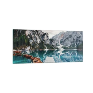 Impression sur verre - Image sur verre - Un lac avec des bateaux entouré de montagnes - 120x50cm - On va te montrer la beauté - Décoration murale moderne pour le salon et la chambre ARTTOR