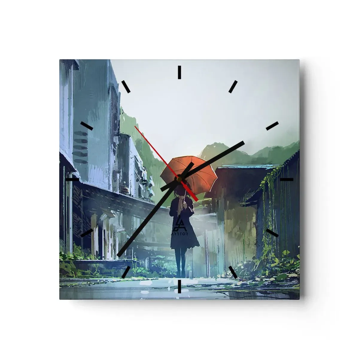 Horloge murale - Pendule murale - Une silhouette avec un parapluie dans une ville pluvieuse - 30x30cm - Pluie vivifiante - Décoration murale moderne pour le salon et la chambre ARTTOR