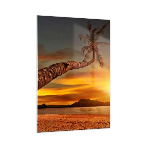Impression sur verre - Image sur verre - Palmier sur une plage tropicale au coucher du soleil - 50x70cm - Vacances exotiques, aventure caribéenne - Décoration murale moderne pour le salon et la chambre ARTTOR