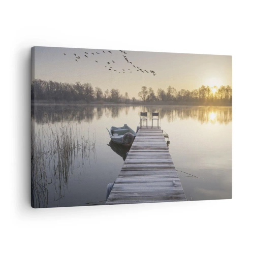 Impression sur toile - Image sur toile - Une jetée au bord du lac le matin avec un bateau et des chaises - 70x50cm - Je reviendrai - Décoration murale moderne pour le salon et la chambre ARTTOR