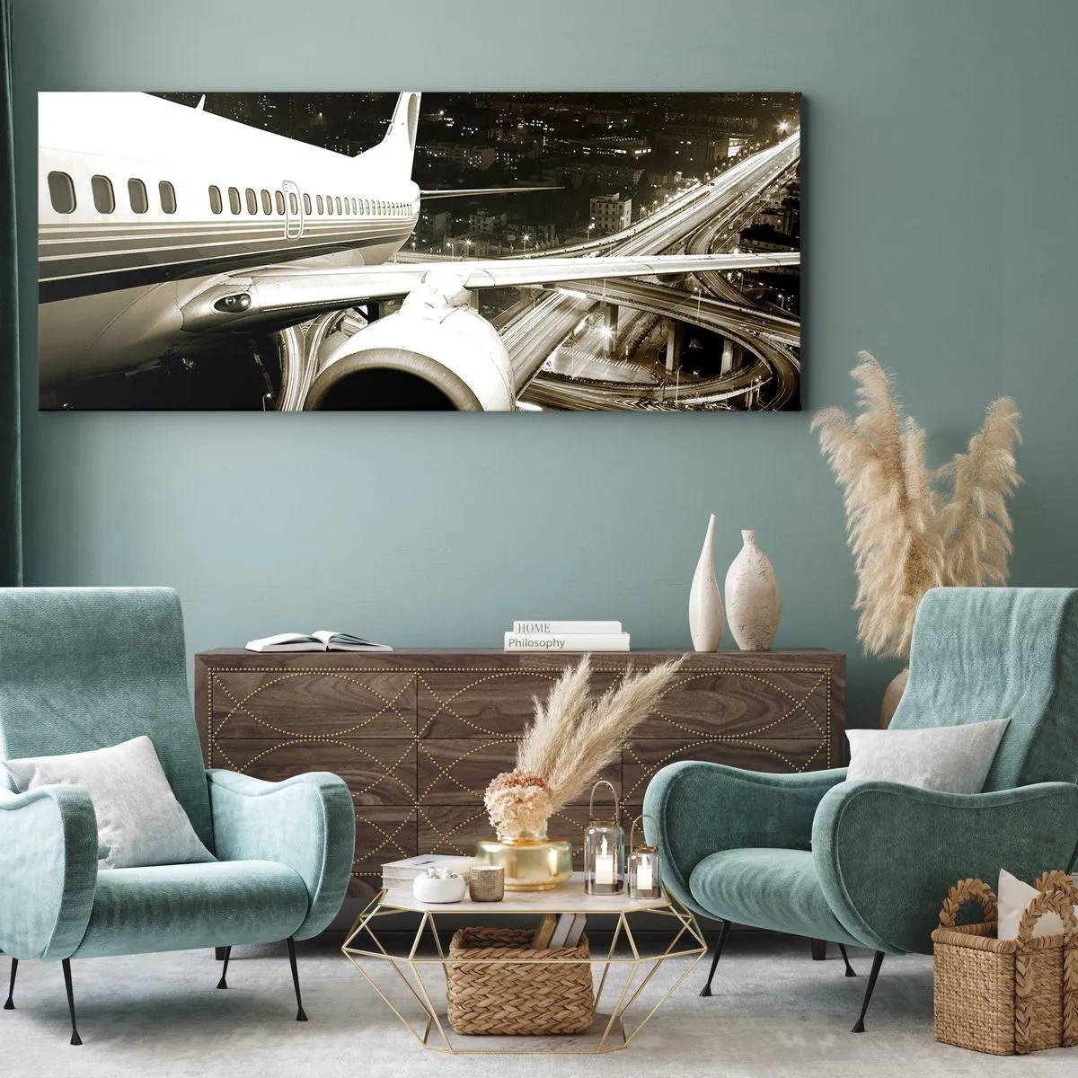 Impression sur toile - Image sur toile - Un avion au-dessus d'une ville nocturne avec des autoroutes illuminées - 120x50cm - Vole dans la nuit - Décoration murale moderne pour le salon et la chambre ARTTOR
