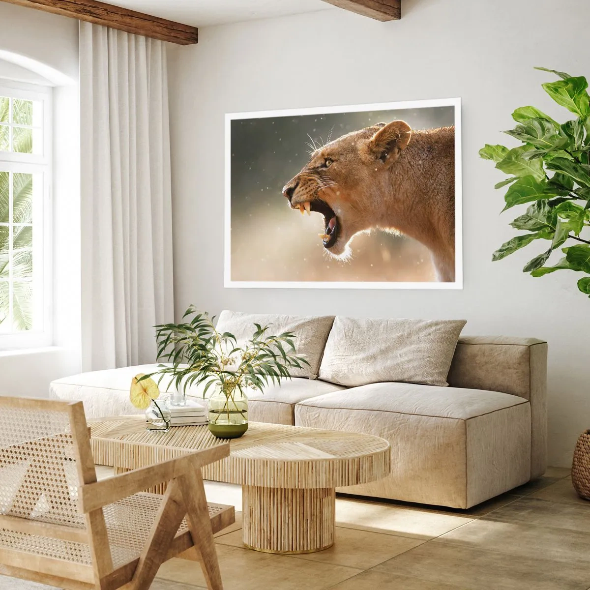 Affiche - Poster - Portrait d'une lionne rugissante à la lumière naturelle - 100x70cm - Essayez  de ne pas écouter - Décoration murale moderne pour le salon et la chambre ARTTOR