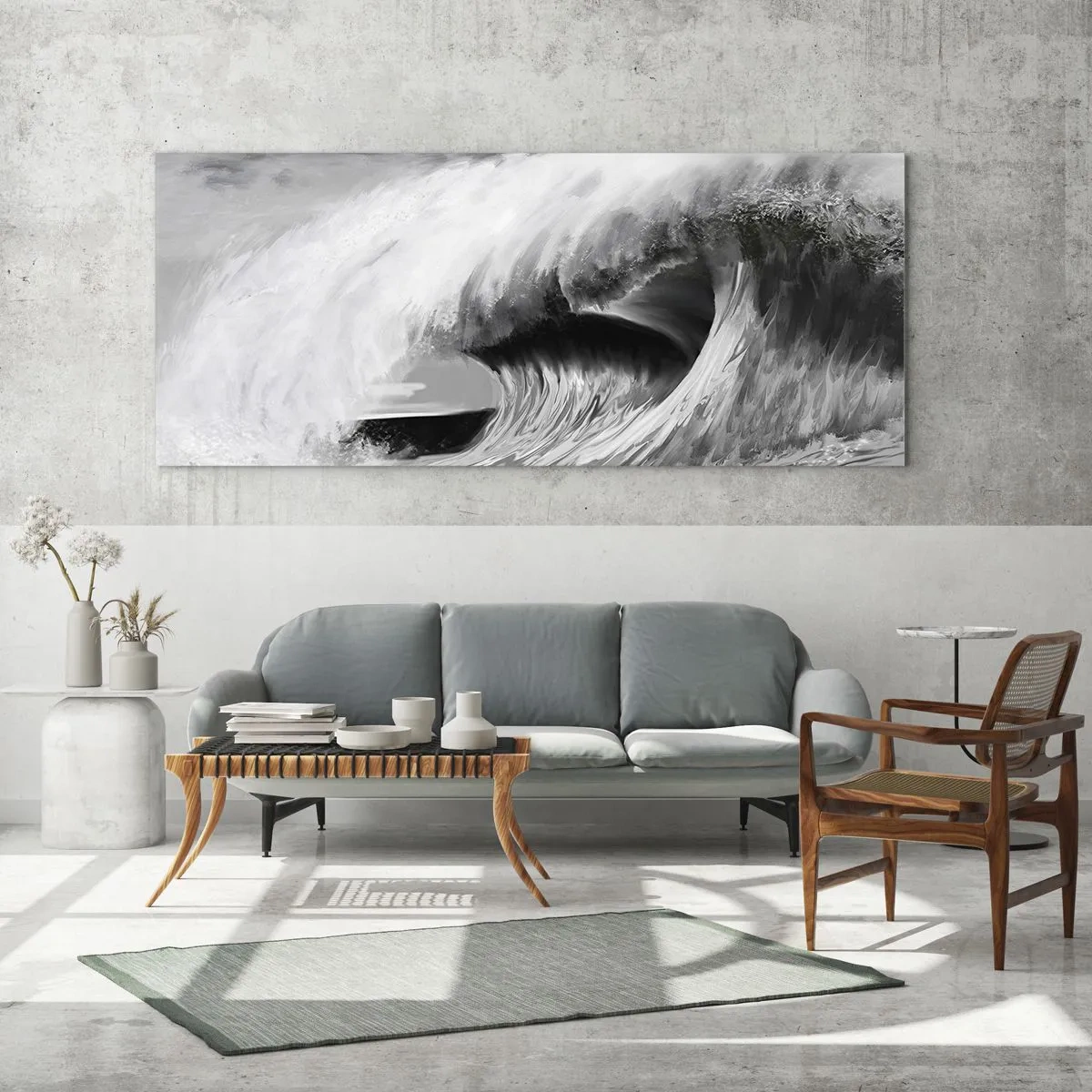 Impression sur verre - Image sur verre - Vague océanique spectaculaire en monochrome - 140x50cm - La colère de l'océan - Décoration murale moderne pour le salon et la chambre ARTTOR