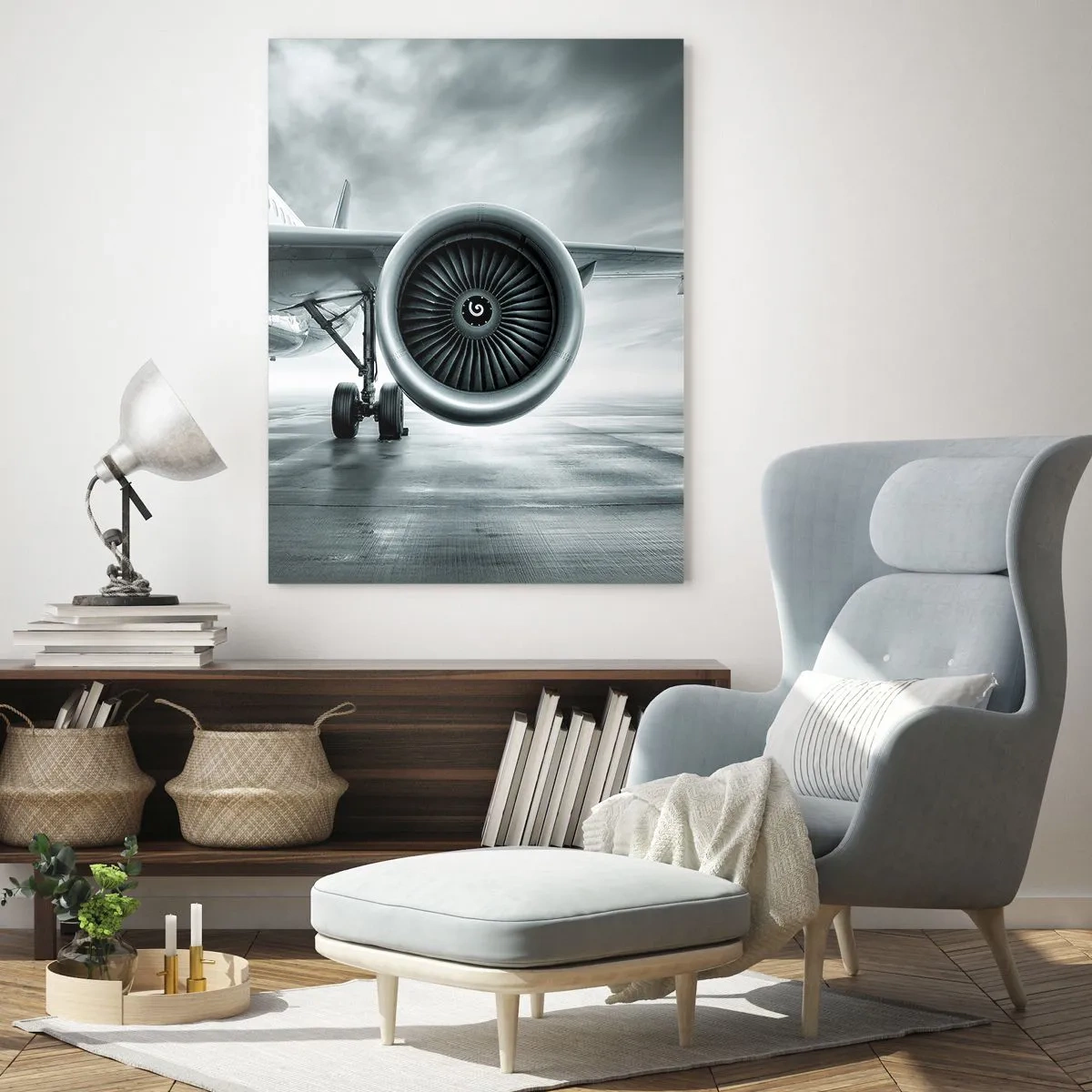 Impression sur verre - Image sur verre - La turbine d'un avion de ligne sur la piste à l'aube - 50x70cm - Sent la force! - Décoration murale moderne pour le salon et la chambre ARTTOR