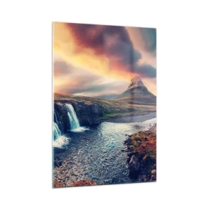 Impression sur verre - Image sur verre - Cascade et montagne au coucher du soleil dans un paysage islandais - 50x70cm - Dans la majesté de la nature - Décoration murale moderne pour le salon et la chambre ARTTOR
