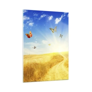 Impression sur verre - Image sur verre - Papillons planant au-dessus d'un chemin de terre au lever du soleil - 50x70cm - Et comment ne pas aimer l'été ? - Décoration murale moderne pour le salon et la chambre ARTTOR