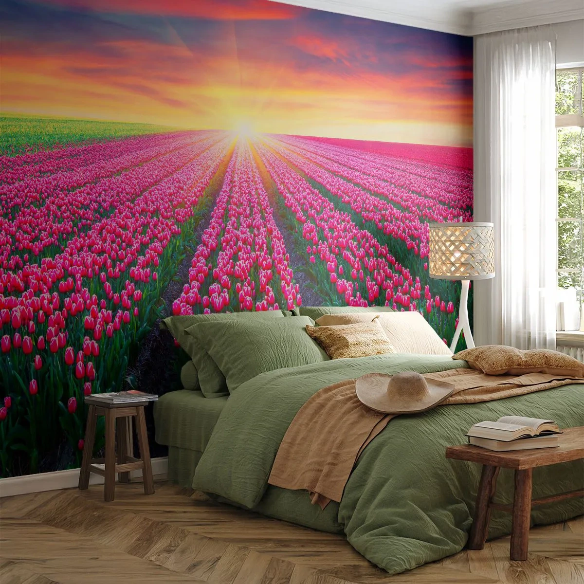 Papier Peint Photo Premium Sand - Ferme de la beauté - Fleurs, Tulipes, Coucher de soleil - 450x315 cm