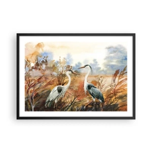 Affiche dans un cadre noir - Poster - Deux hérons sur fond de paysage d'automne - 70x50cm - Jusqu'où en automne ? - Décoration murale moderne pour le salon et la chambre ARTTOR
