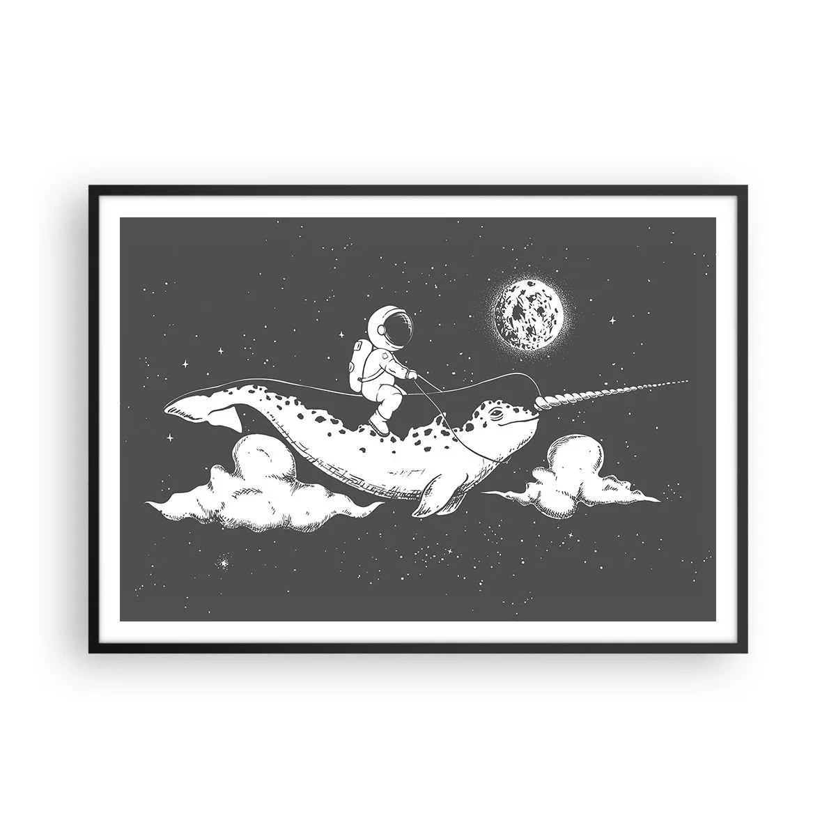Affiche dans un cadre noir - Poster - Un astronaute sur le dos d'un narval flottant dans une scène spatiale. - 100x70cm - Cavalier de l'espace - Décoration murale moderne pour le salon et la chambre ARTTOR