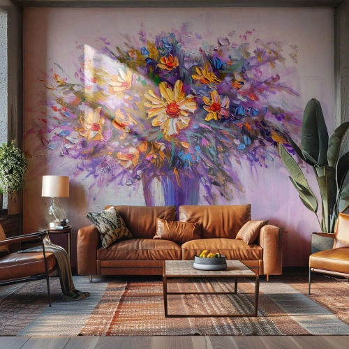 Papier Peint Photo Premium Sand - Un bouquet de fleurs dans un vase violet peint dans un style impressionniste. - 100x70cm - Ça sent bon, ça a l'air doux - Décoration murale moderne pour le salon et la chambre ARTTOR