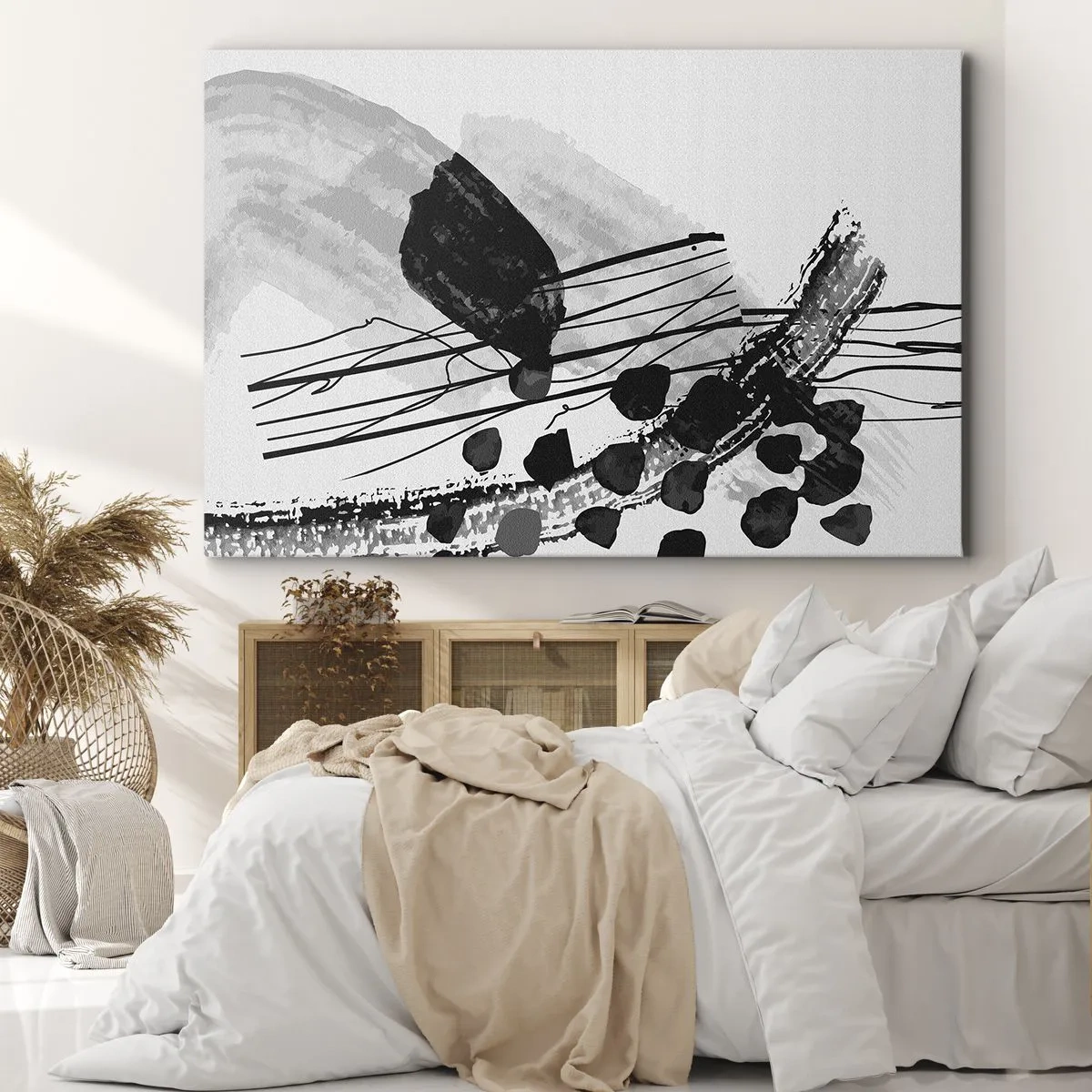 Impression sur toile - Image sur toile - Composition abstraite en noir et blanc avec des formes organiques - 70x50cm - Abstraction organique noir et blanc - Décoration murale moderne pour le salon et la chambre ARTTOR