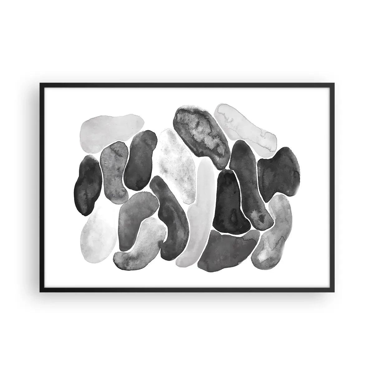 Affiche dans un cadre noir - Poster - Abstraction en noir et blanc avec des taches irrégulières sur fond blanc - 100x70cm - Abstraction rocheuse - Décoration murale moderne pour le salon et la chambre ARTTOR