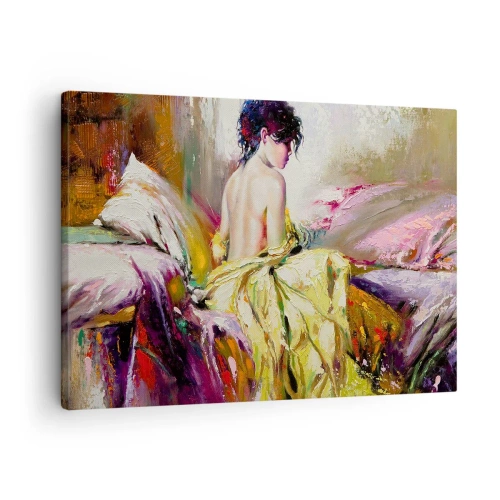 Impression sur toile - Image sur toile - Une scène picturale d'une femme sur un lit dans une atmosphère romantique - 70x50cm - Entre les lèvres et le bord de la tasse - Décoration murale moderne pour le salon et la chambre ARTTOR