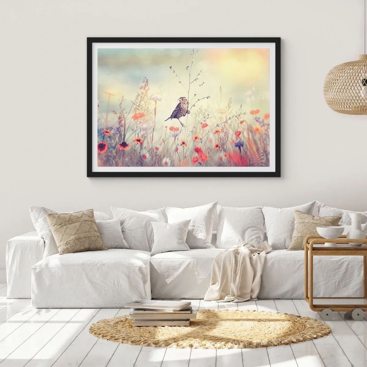 Affiche dans un cadre noir - Poster - Portrait d'oiseau sur pré en fond - 91x61 cm