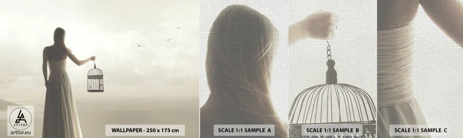 Échantillon de Papier Peint Premium Canvas - Soi libre - Femme, Cage à oiseaux, Oiseau - 100x30 cm