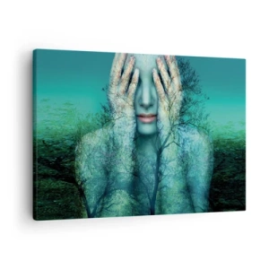 Impression sur toile - Image sur toile - Une figure de femme avec un motif d'arbre sur un fond de paysage turquoise - 70x50cm - immergé dans l'azur - Décoration murale moderne pour le salon et la chambre ARTTOR
