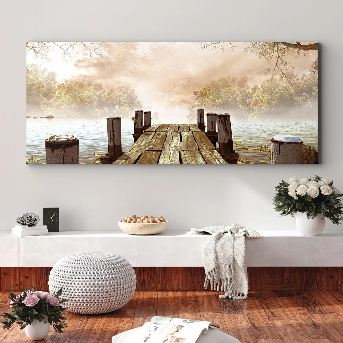 Impression sur toile - Image sur toile - Une jetée en bois menant à un lac calme dans la brume matinale - 140x50cm - La douce tristesse de l'automne - Décoration murale moderne pour le salon et la chambre ARTTOR
