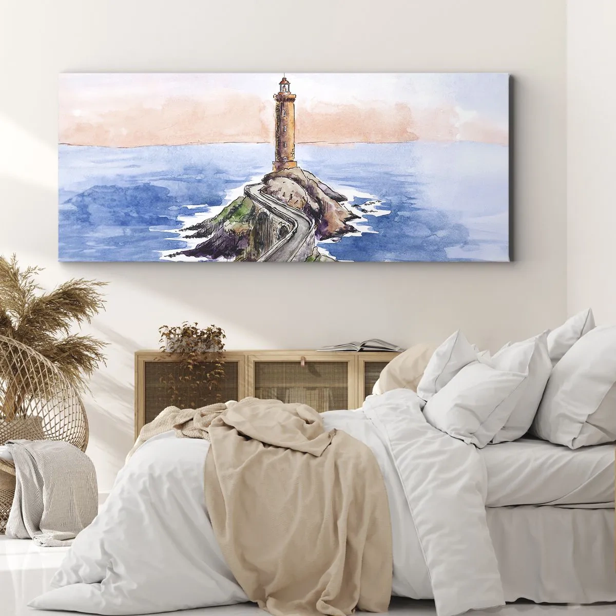 Impression sur toile - Image sur toile - Un phare sur un rivage rocheux - 160x50cm - Face à la mer - Décoration murale moderne pour le salon et la chambre ARTTOR