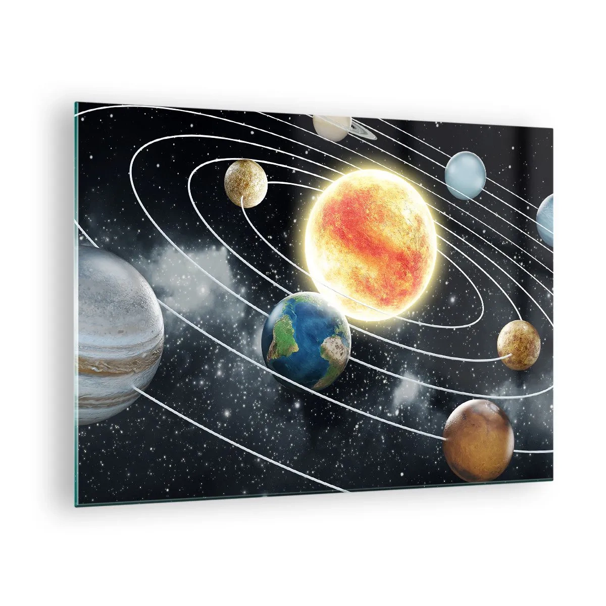 Impression sur verre - Image sur verre - Le système solaire avec ses planètes et ses orbites sur fond d'espace - 70x50cm - Danse cosmique - Décoration murale moderne pour le salon et la chambre ARTTOR