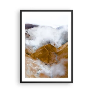 Affiche dans un cadre noir - Poster - Brouillard planant sur des collines dorées dans un paysage naturel - 50x70cm - Le charme brut de l'Islande - Décoration murale moderne pour le salon et la chambre ARTTOR