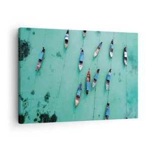 Impression sur toile - Image sur toile - Vue aérienne de bateaux sur une eau turquoise - 70x50cm - Dans une attente jouyeuse - Décoration murale moderne pour le salon et la chambre ARTTOR