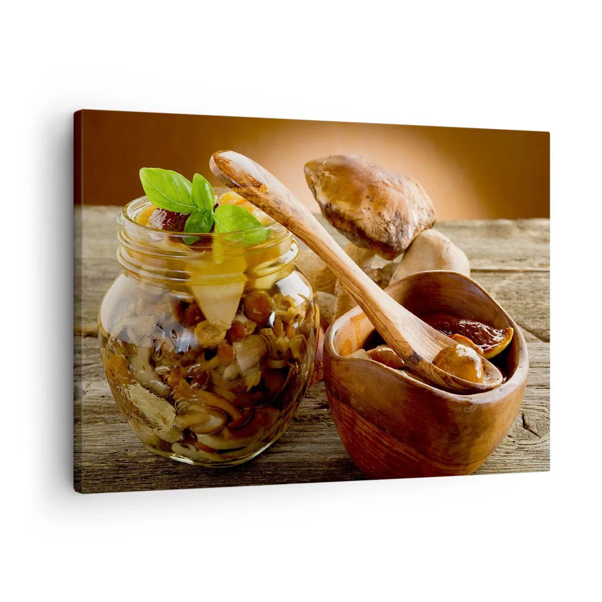 Impression sur toile - Image sur toile - Champignons naturels dans un bocal sur une table rustique - 70x50cm - Que ce soit frais ou salé, ou en automne... - Décoration murale moderne pour le salon et la chambre ARTTOR