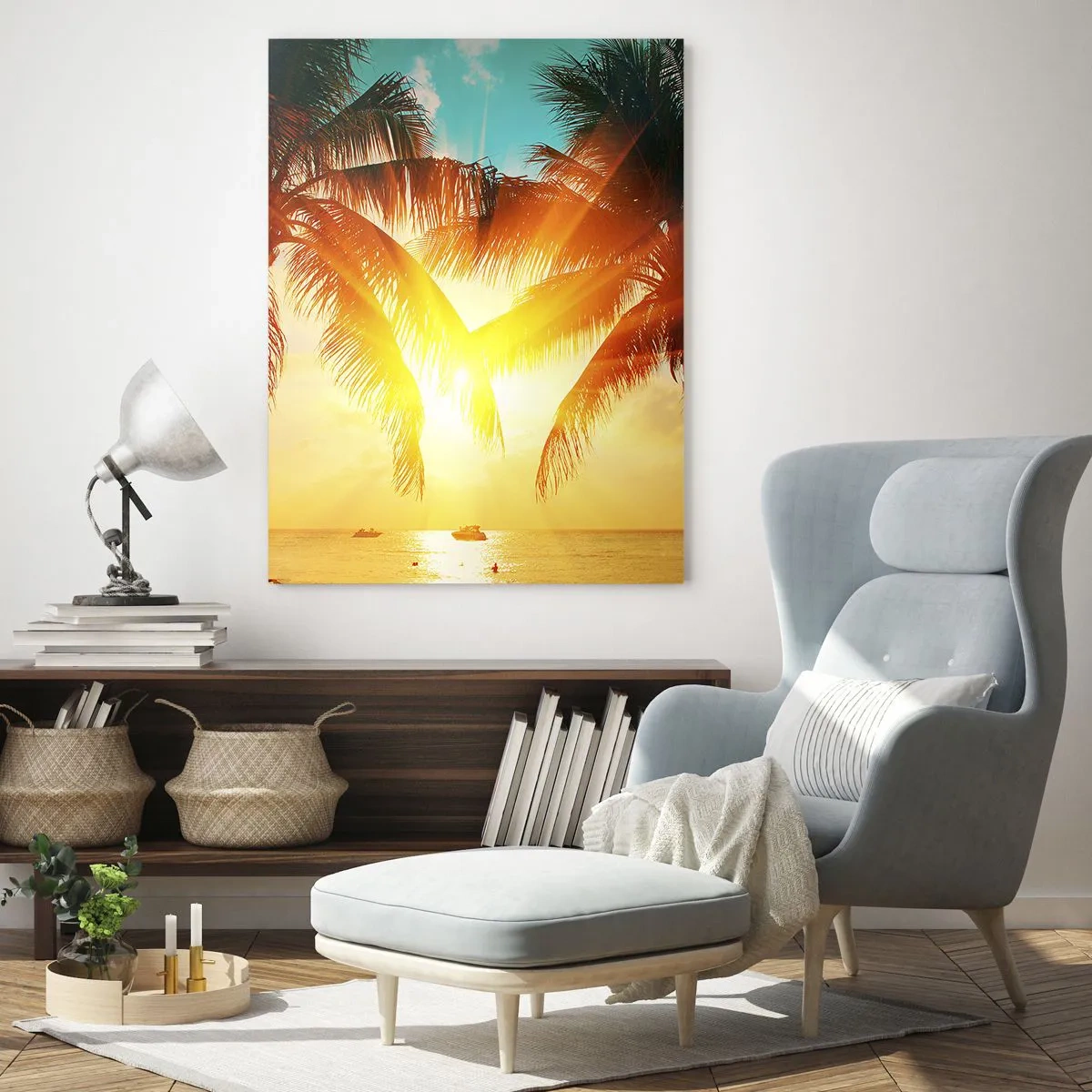 Impression sur verre - Image sur verre - Palmiers ensoleillés sur une plage tropicale - 50x70cm - Couple exotique - Décoration murale moderne pour le salon et la chambre ARTTOR