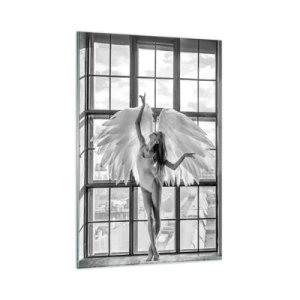 Impression sur verre - Image sur verre - Une femme avec des ailes d'ange sur fond de fenêtre de loft - 80x120cm - La ville des anges? - Décoration murale moderne pour le salon et la chambre ARTTOR