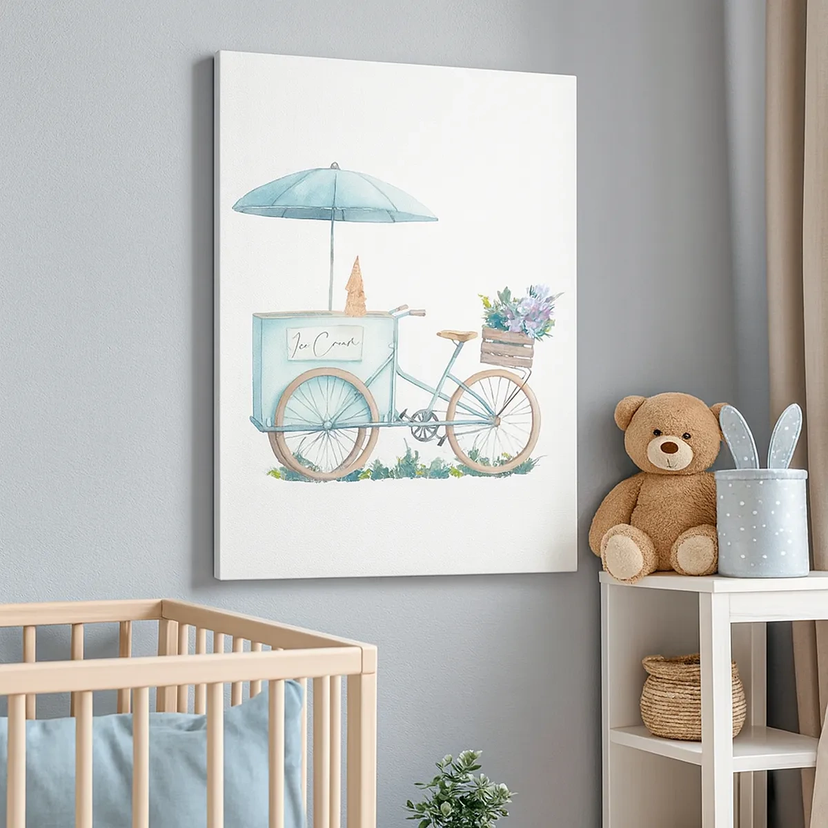 Impression sur toile - Image sur toile - Un vélo avec de la glace et des fleurs sous un parapluie aux couleurs pastel délicates - 50x70cm - Doux souvenir d'été - Décoration murale moderne pour le salon et la chambre ARTTOR