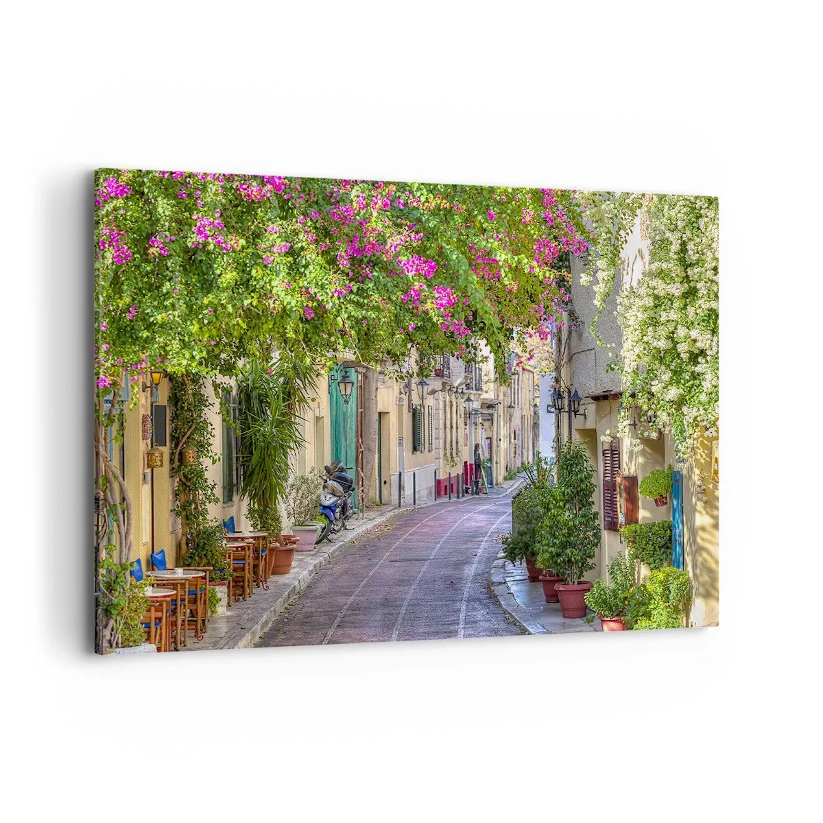 Impression sur toile - Image sur toile - Une charmante rue avec des vignes fleuries et des tables de café - 100x70cm - Allée fleurie - Décoration murale moderne pour le salon et la chambre ARTTOR